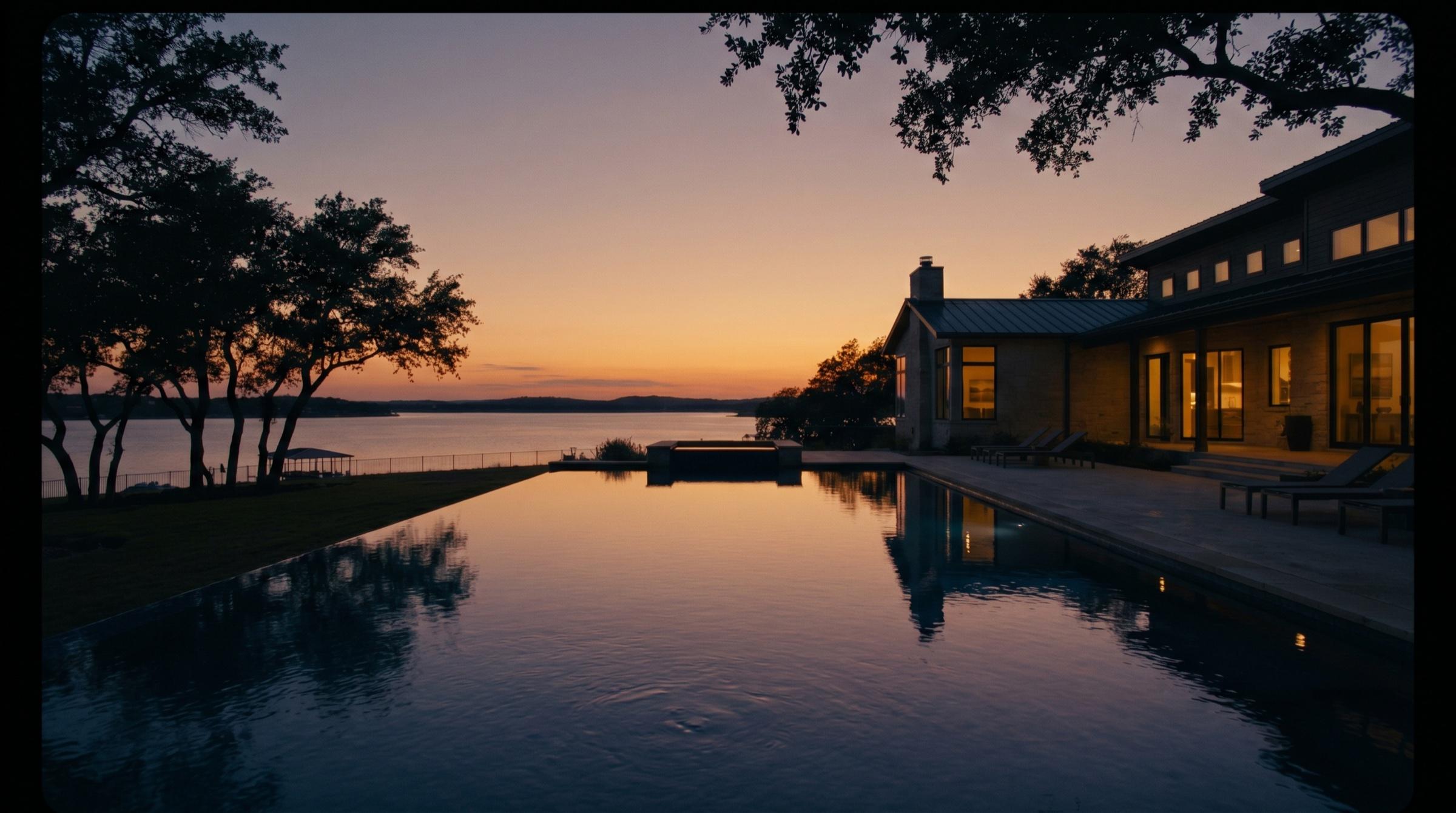 A lakeside estate on Lake Ray Hubbard at dusk, interior lights glowing over an infinity pool