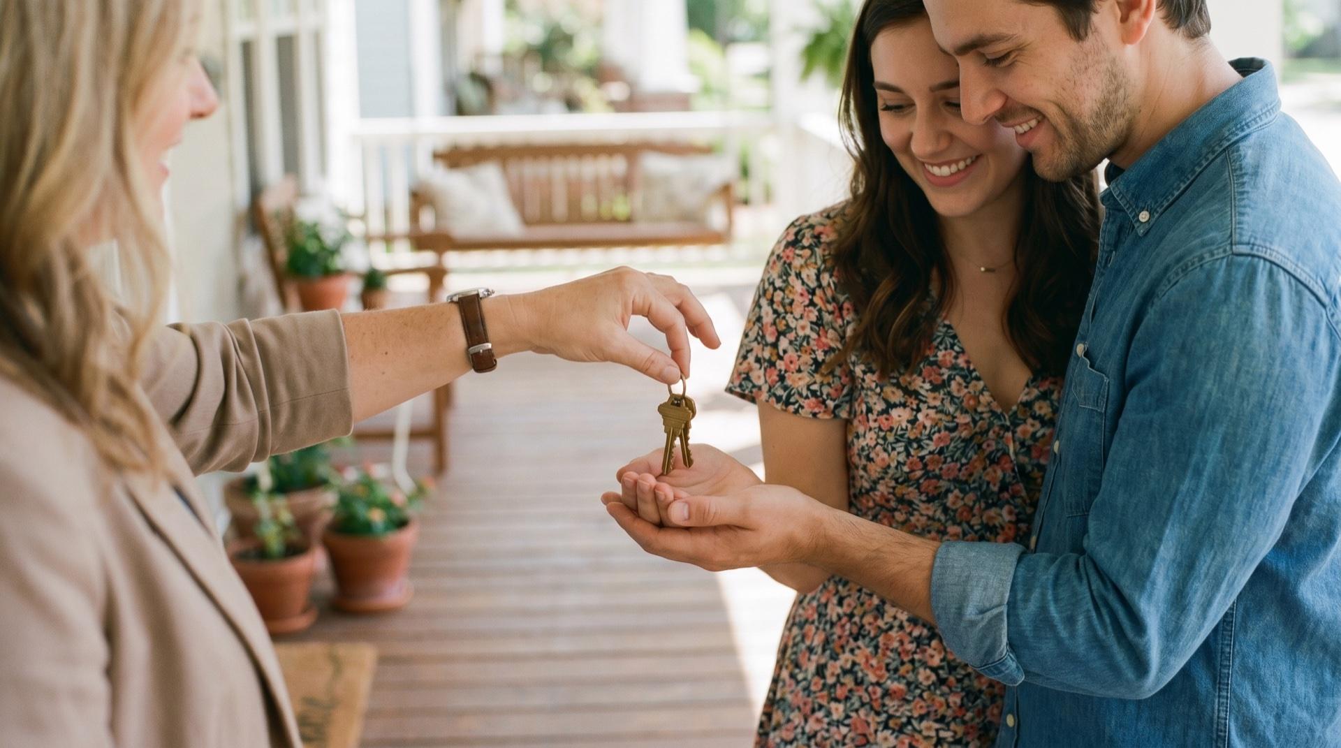 An agent handing brass house keys to a young couple on a Texas front porch at golden hour